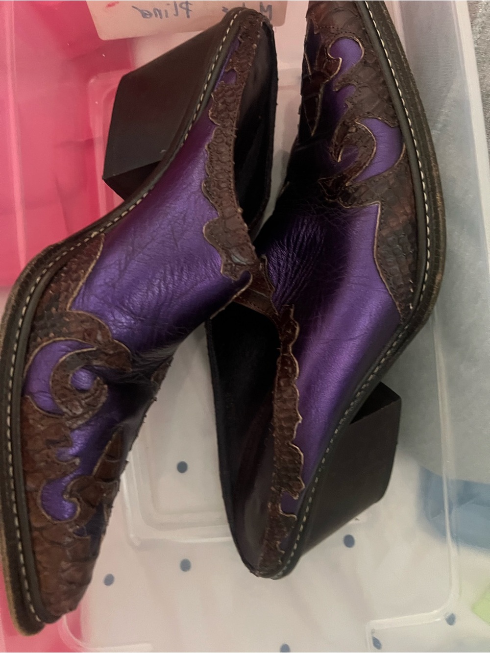 Donald J. Pliner Purple and Brown Leather Western Mule Heels
